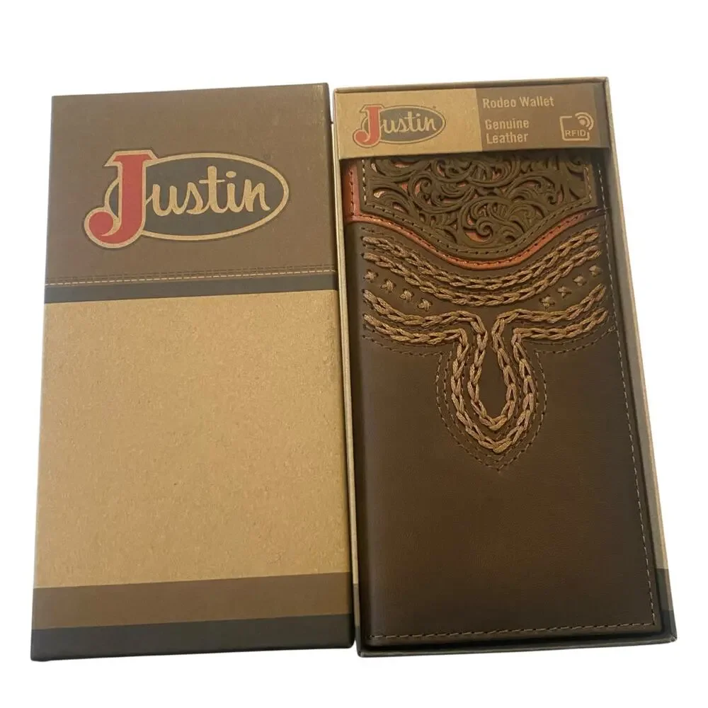 NWT Men’s Justin Russet Inlay Rodeo Genuine Leather Brown Western RFID Wallet